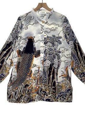Citron Santa Monica 100% Silk Koi Fish Embossed Mandarin Collar Blouse Boho Luxe